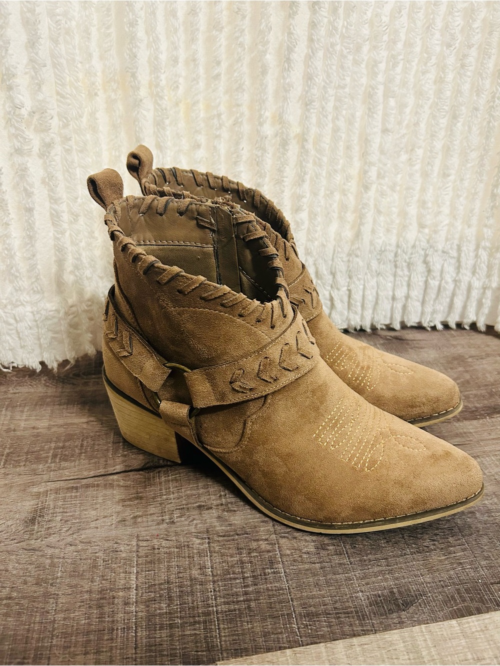 Altar'd State Taupe Brown Ankle Booties Western Boho Embroidered Suede Look